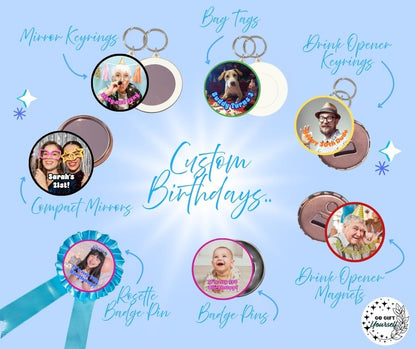 ✨ Custom Birthday Badges 🎂 | Badge Pins, Keyrings & More ✨