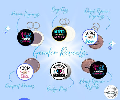 ✨ Gender Reveal 👶 | Badge Pins, Keyrings & More ✨