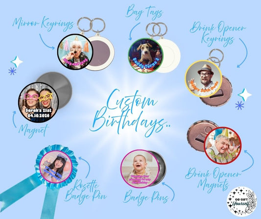✨ Custom Birthday Badges 🎂 | Badge Pins, Keyrings & More ✨